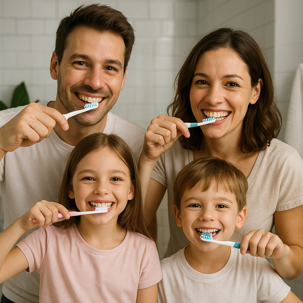 Family brushing their teeth together at home
