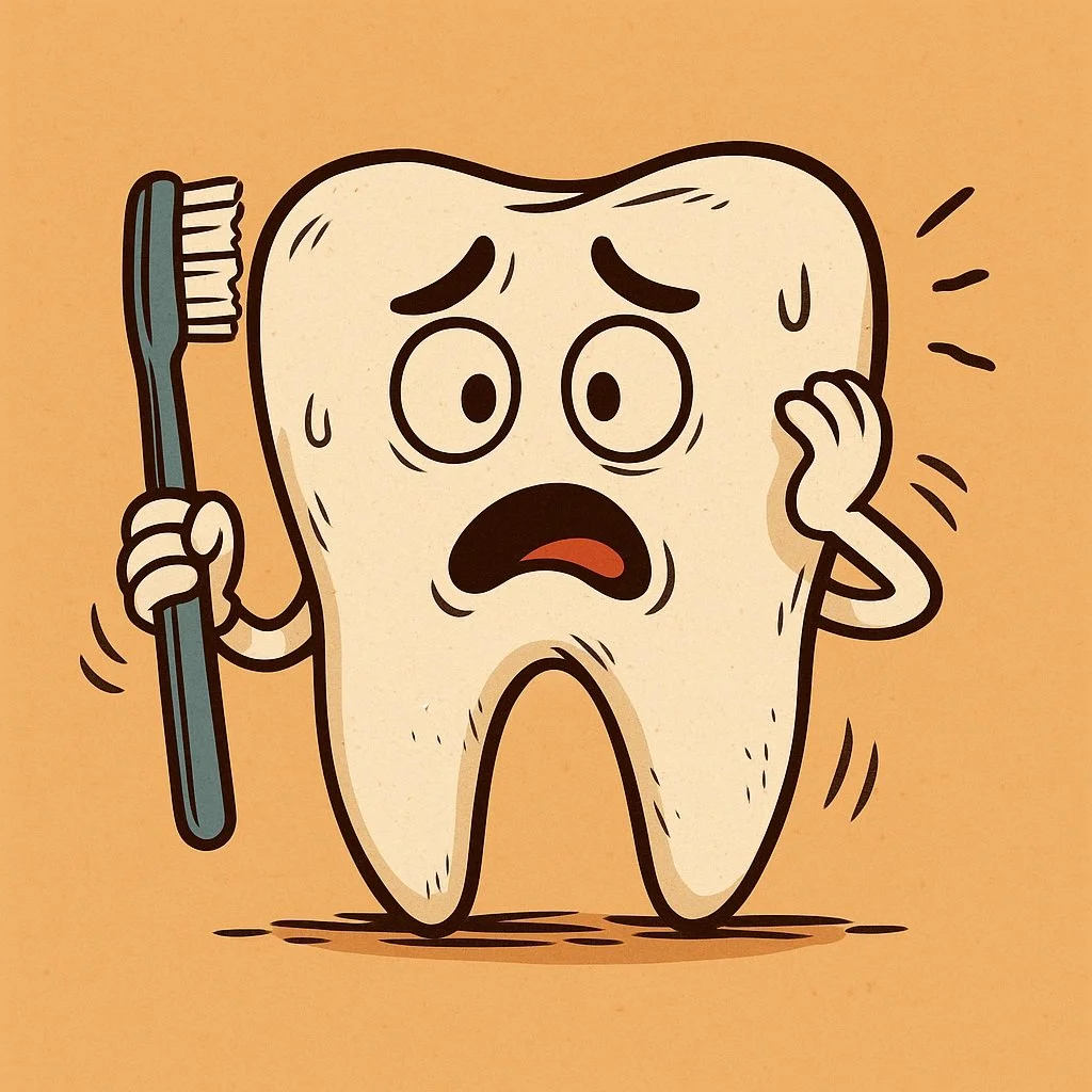 Cartoon tooth looking worried while holding a toothbrush