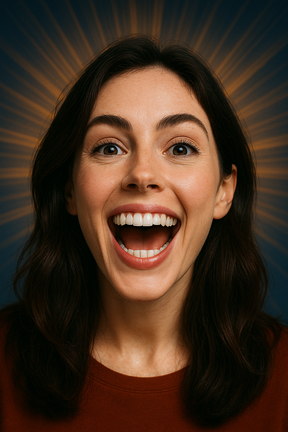 Woman smiling widely with a joyful expression