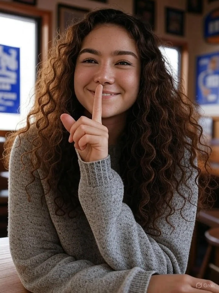 Smiling woman making a playful shh gesture