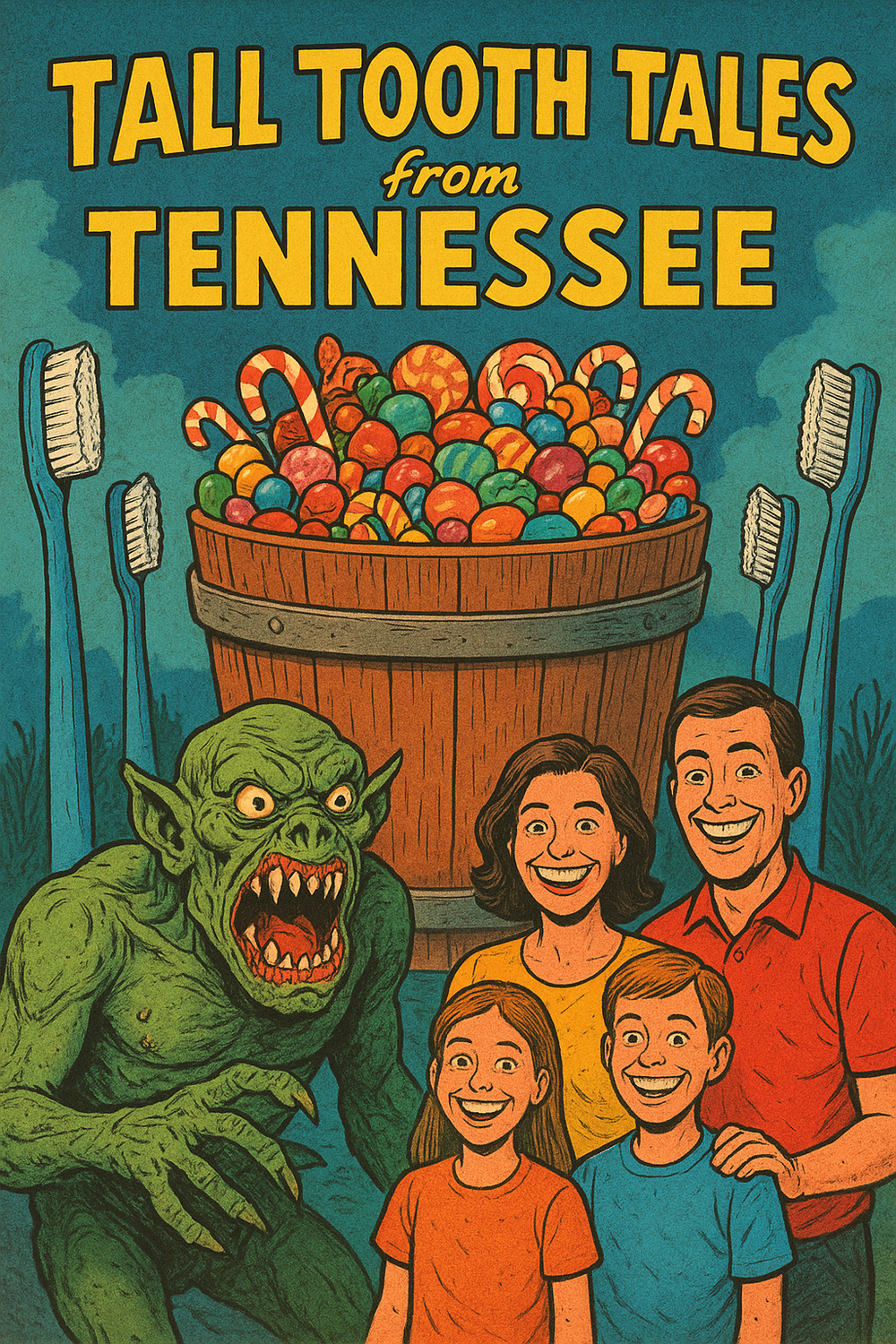 Tall Tooth Tales from Tennessee illustration with a family, toothbrushes, candy, and a tooth-decay monster