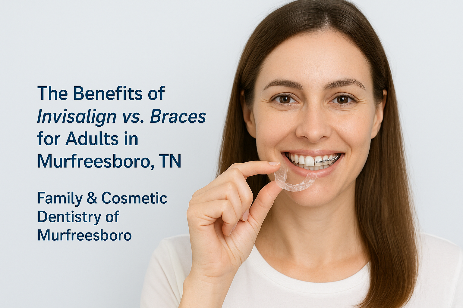 Invisalign vs. braces for adults in Murfreesboro, TN, with woman holding a clear aligner