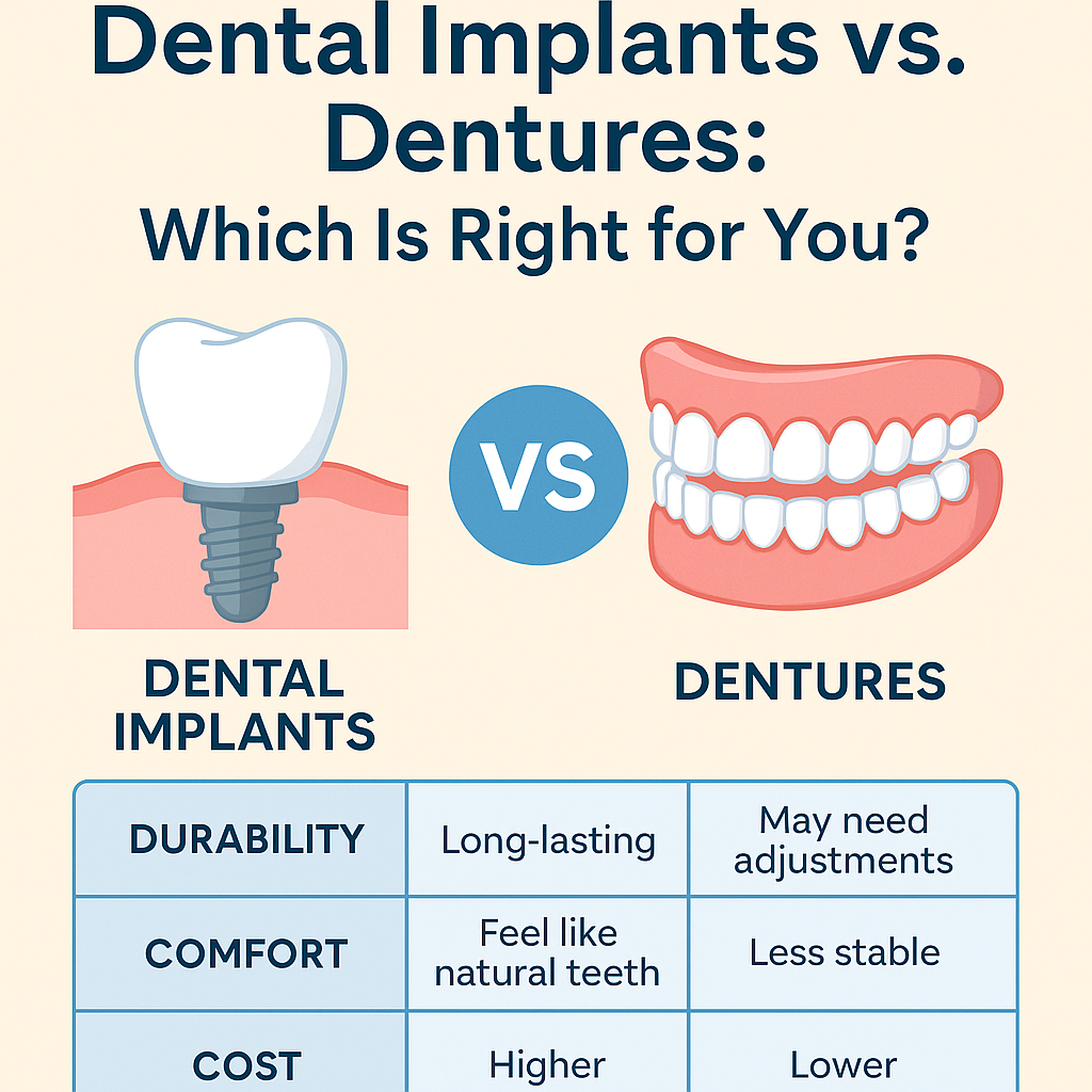 Dental implants vs. dentures comparison showing differences in durability, comfort, and cost