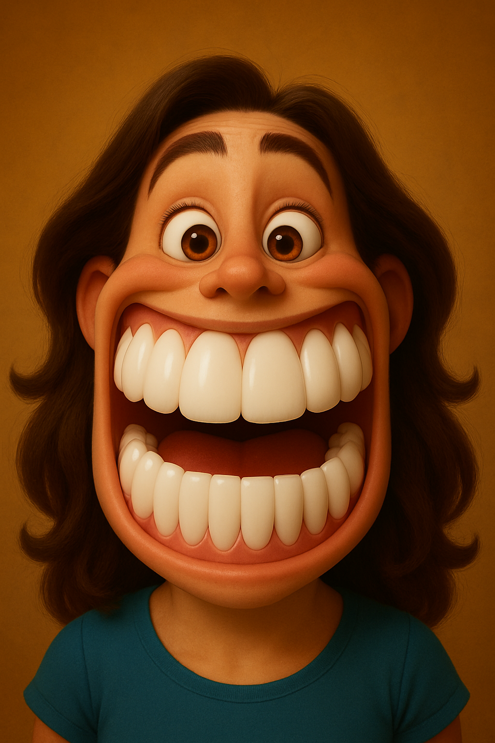 Humorous illustration of a woman showing an exaggerated big smile
