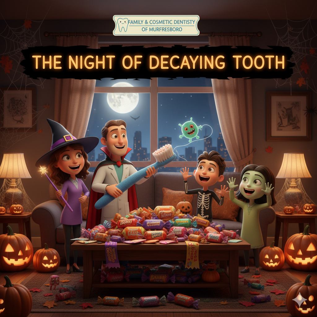 Halloween dental illustration with a family, candy, toothbrush, pumpkins, and cavity germ