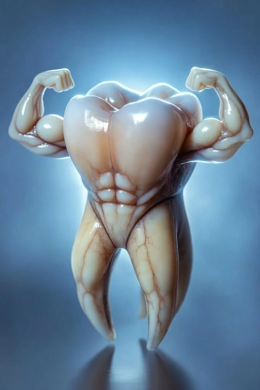AI illustration of a muscular tooth flexing its arms to represent strong, healthy teeth