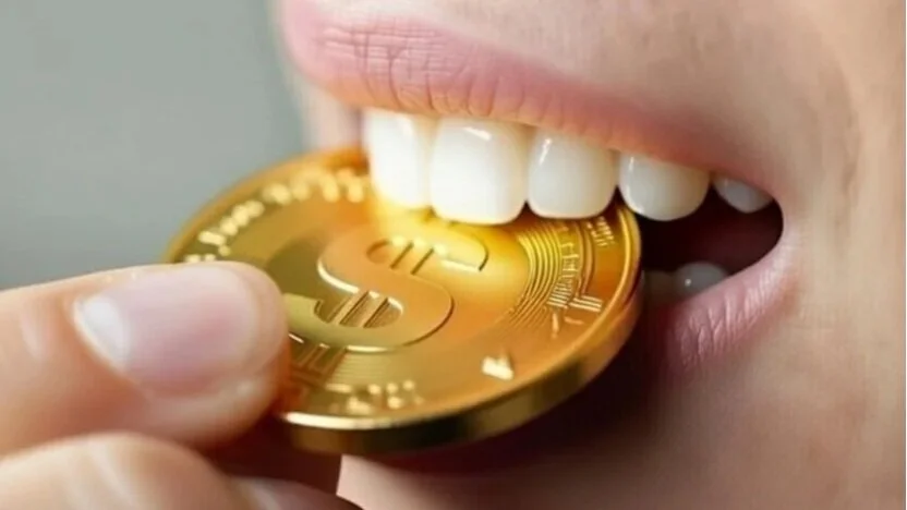AI-generated image of teeth biting a gold coin, representing the cost of dental care