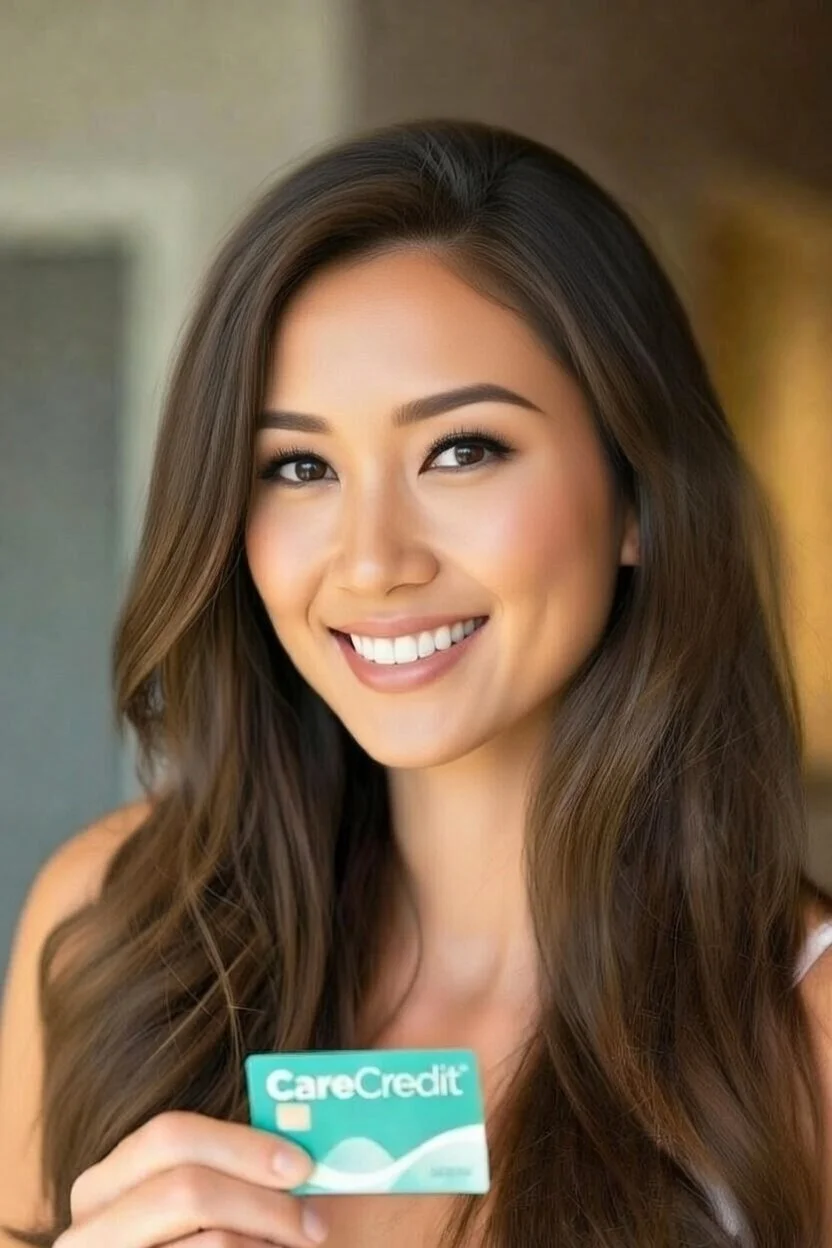 Smiling woman holding a CareCredit card for dental financing