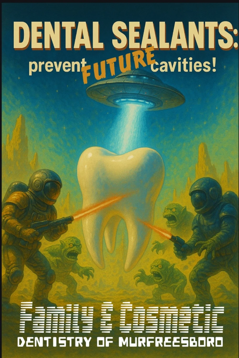 Dental sealants cavity-prevention graphic featuring a tooth in a science-fiction scene